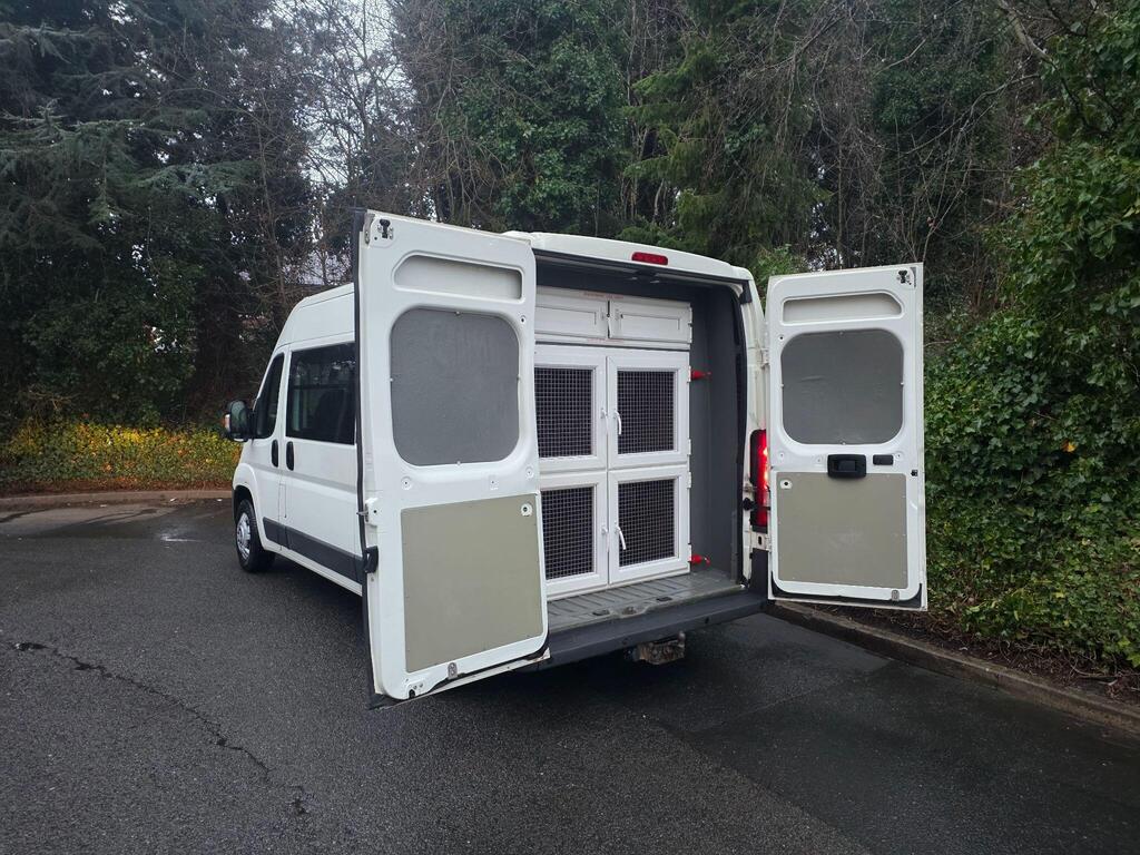 Rear of animal transport van showing four large cages